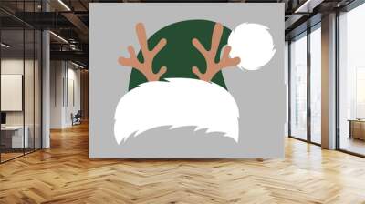 Santa Claus green hat with deer antlers in flat style isolated on grey background. Christmas vector element for design.  Wall mural