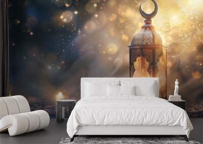  lantern with candle and silver moon on light silver background with bokeh. Muslim holy month Ramadan Kareem. Wall mural