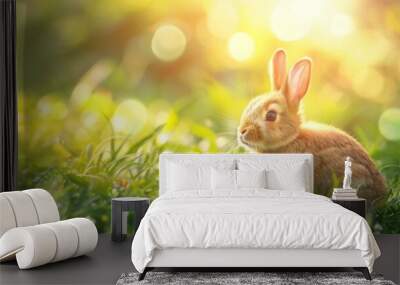 Adorable fluffy rabbit joyfully running in a sunlit green garden on easter morning celebration Wall mural