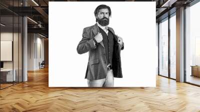 Attractive bearded guy in elegant suit. Fashion style. Formalwear. Trendy menswear. Suit for busy man. Classical. Black and white Wall mural