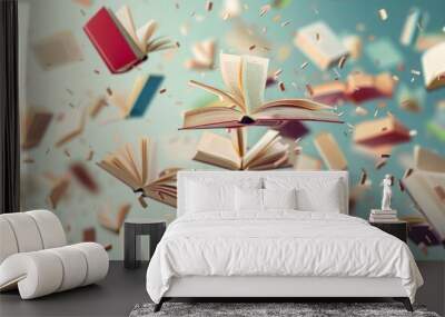 Books flying in mid air, isolated stack, school concept illustration for educational design Wall mural