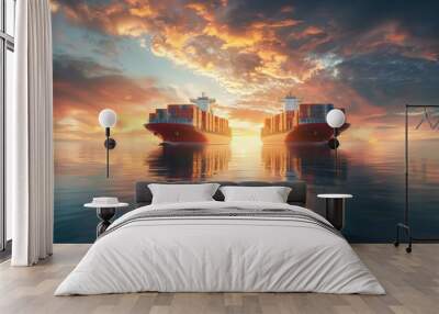 cargo transportation. two ship with containers at the sea with clouds and reflection. sunset Wall mural