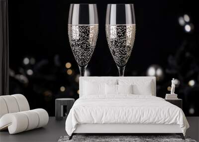 Champagne glasses with silver decor on black background. Wall mural