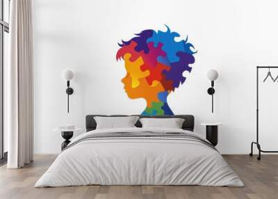 child silhouette made of colorful puzzle pieces on white background  Wall mural