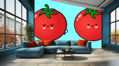 Cute funny Tomato. Vector hand drawn cartoon kawaii character illustration icon. Isolated on blue background. Tomato character concept Wall mural