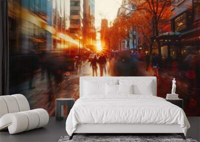 Dynamic cityscape at sunset, autumn streets alive with vibrant motion and urban energy Wall mural