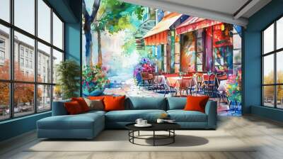 European City Cafe Scene. Watercolor Drawing of Cosy Summer Terrace in Urban Paris Wall mural