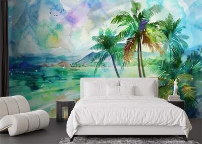 Exotic Paradise. Hand-drawn Watercolor Tropical Plants in a Serene Beach Landscape Wall mural