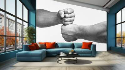 Friendly handshake, friends greeting. Hands of man people fist bump team teamwork, success. Man giving fist bump. Black and white Wall mural