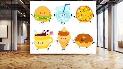 Funny happy fast food characters set. Vector hand drawn cartoon kawaii character illustration. Isolated white background. Cute sandwich, glass of water, pizza, cup of tea, ice cream, chocolate donut Wall mural