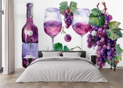 Hand-Drawn Watercolor Illustration of a Wine Tasting with Red, White, and Rose Wines in Elegant Glasses Wall mural