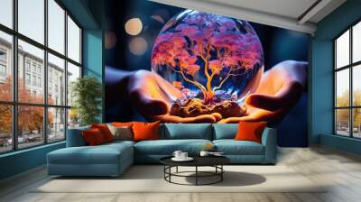 Hand holding a crystal ball with neon tree. Fantasy concept. Generative AI Wall mural