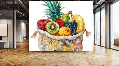 Hand-painted Watercolor Bag with Exotic Fruits. Healthy and Vibrant Ingredients for Fresh Menu Design Wall mural