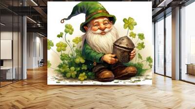 illustration of an Irish gnome holding a clover for good luck. St.Patrick 's Day Wall mural