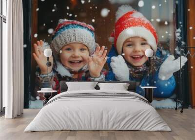 Joyful children playing together outdoors during winter holidays, celebrating new year and christmas Wall mural