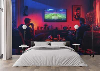 Joyful gathering of friends enjoying console football with snacks and drinks in a cozy atmosphere Wall mural