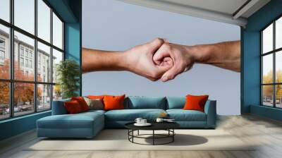 Male hand united in handshake. Man help hands, guardianship, protection. Two hands, isolated arm, helping hand of a friend. Friendly handshake, friends greeting Wall mural