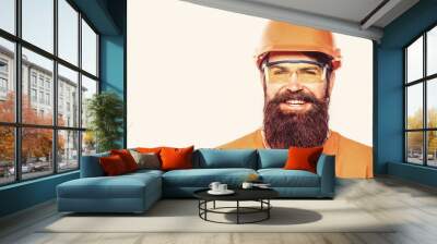 Man builders, industry. Builder in hard hat, foreman or repairman in the helmet. Bearded man worker with beard in building helmet or hard hat. Portrait of a builder smiling Wall mural