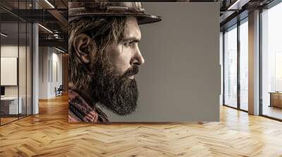 Man builders, industry. Builder in hard hat, foreman or repairman in the helmet. Building, industry, technology - builder concept. Bearded man worker with beard in building helmet or hard hat Wall mural