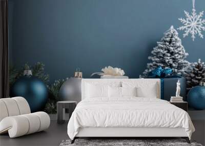 Modern christmas decorations and gift presentation with a festive blue, gray, and white design Wall mural