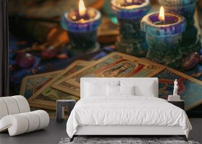 Mystical Tarot Reading with Hand-drawn Watercolor Cards, Candles, and Book Set Wall mural