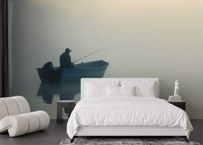 One man with fishing rod in a boat. morning fog Wall mural