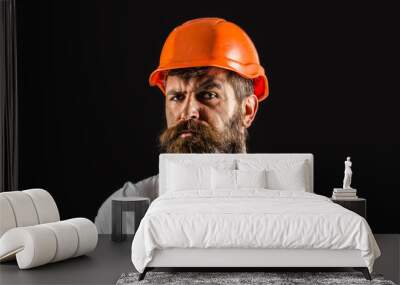 Portrait builder, civil engineer working. Builder in hard hat, foreman or repairman in helmet. Man builders, industry. Bearded man worker with beard in building helmet or hard hat Wall mural