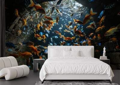 Spectacular view of exotic blue and gold fish swimming gracefully in the tranquil aqueduct scene Wall mural