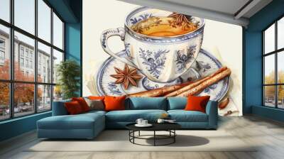 Steaming Cup of Herbal Tea with Cinnamon and Star Anise. Vintage Watercolor Illustration on Porcelain Background Wall mural