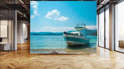 Traditional japanese fishing boat docked at beautiful scenic beach  Wall mural