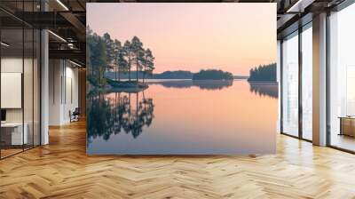 Tranquil finnish lake glowing in the serene beauty of a summer sunset, captured in scenic view Wall mural