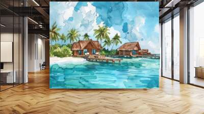 Tropical Bungalow Paradise. Exotic Island Getaway in Watercolor Hand-drawn Style Wall mural