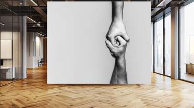 Two hands, helping arm of a friend, teamwork. Helping hand concept and international day of peace, support. Black and white Wall mural