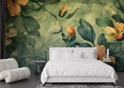 Vintage floral wallpaper illustration on textured fabric background, vintage fabric texture Wall mural