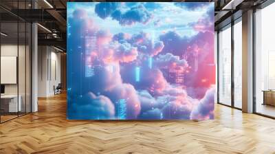 Visual representation of data points and information in floating virtual clouds illustration Wall mural