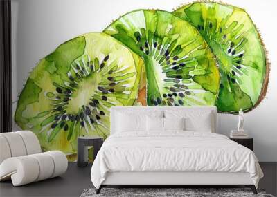 Watercolor Kiwi Slice. Fresh and Juicy Fruit Illustration on White Background Wall mural