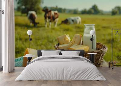 Assortment of cheese milk dairy products displayed outdoors, cows grazing Wall mural