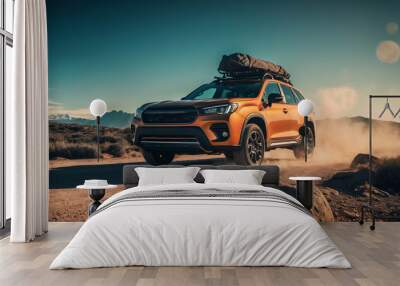 Bright orange SUV with rooftop tent drives on dirt road in desert landscape, kicking up dust as it moves forward Wall mural