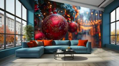 Close-up red Christmas ornaments with snowflake designs, tree branch. Blurry cityscape with festive lights, holiday Wall mural