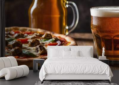 Frothy amber beer glass sits next to delicious pizza on table Wall mural