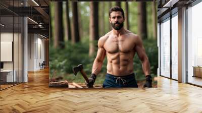 Handsome lumberjack macho man in forest, athletic man in his 30s with beard, bare torso and axe in his hands Wall mural