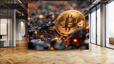 Shiny golden bitcoin from rocky terrain Wall mural