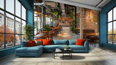 Stylish cafe interior, industrial design elements. Coffee bar styling with brick walls Wall mural