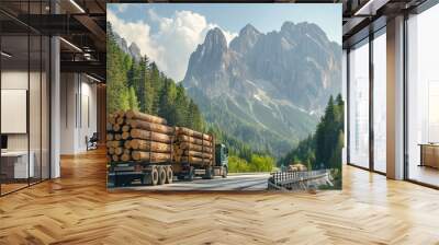 Truck carries timber along winding highway surrounded by towering mountains. Wood transportation Wall mural