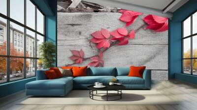 autumn leaves on wooden background Wall mural