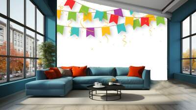 Carnival garland with flags, confetti and ribbons. Decorative colorful party pennants for birthday celebration Wall mural