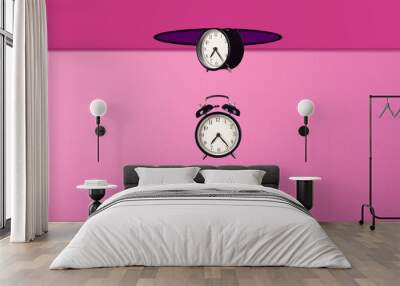 Creative composition. Alarm clocks fall from a hole in the ceiling. Wall mural