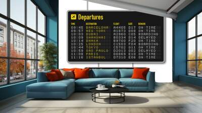 Departure and arrival board, airline scoreboard with digital led letters. Flight information display system in airport. Airport style alphabet with numbers Wall mural