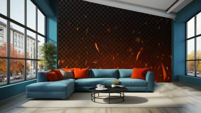 Fire sparks on dark transparent background. Flying up sparks, burning fire particles with smoke texture. Realistic flame effect Wall mural