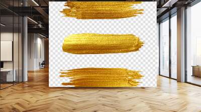 Golden paint brush stroke. Set of gold paint smear with glittering texture. Realistic gold brush stroke with metallic effect on transparent background. Vector Wall mural